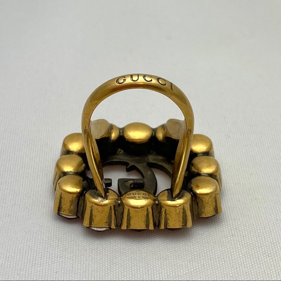 Gucci 605820 Gold Ruby Red Swarovski Crystal GG Marmont Logo Cocktail Ring SZ M - Picture 5 of 12